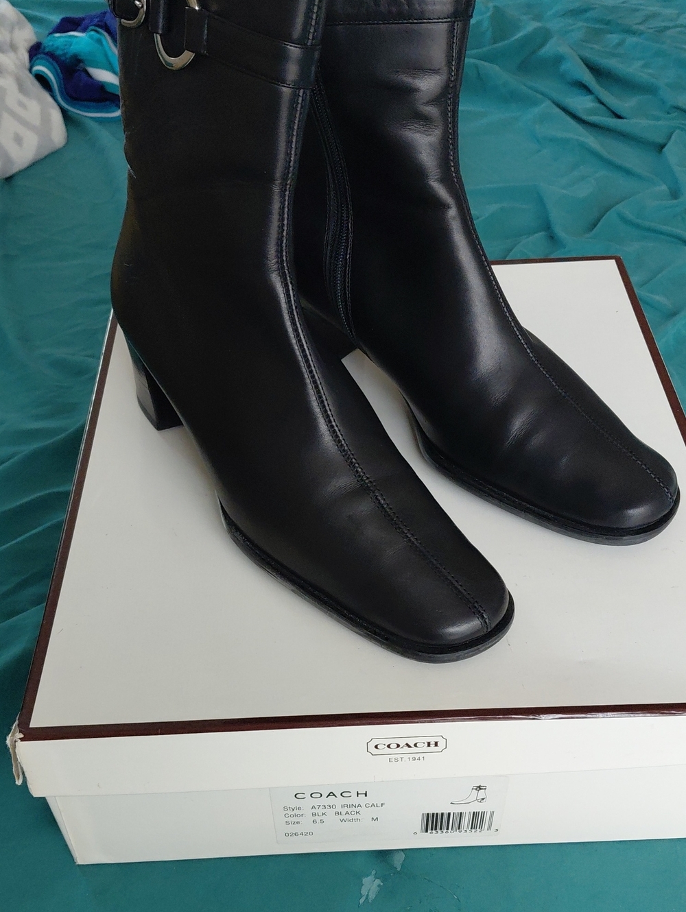 COACH Black Leather Mid-Calf Heeled Boots with Side Buckle